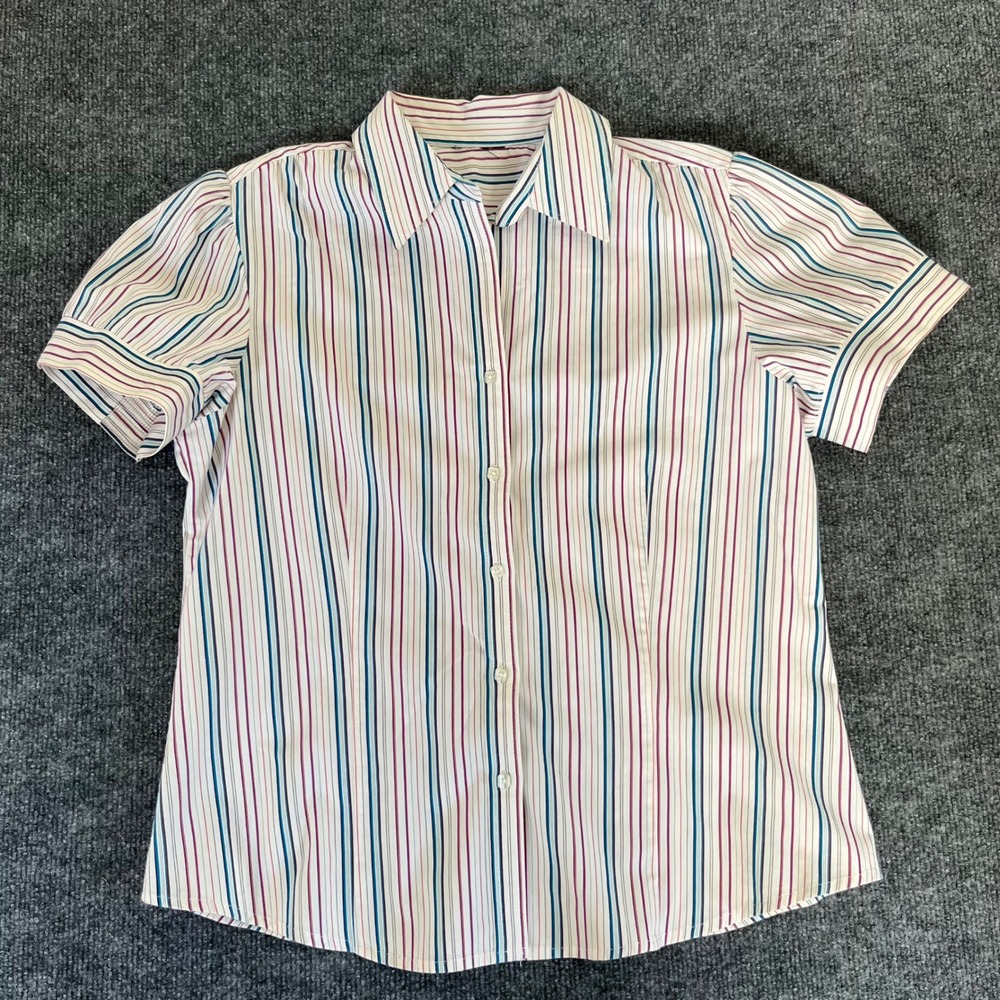 Worthington Petite Stretch Shirt Vintage Y2K Striped Short Sleeve Button Up 12P
